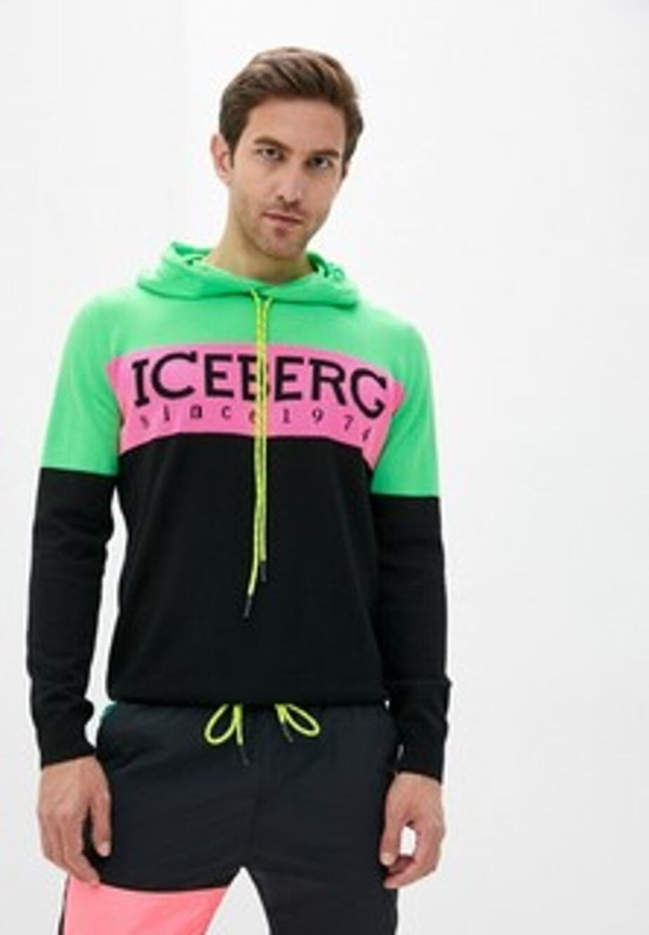 ICEBERG Italy Green Pink Black Virgin Wool Pullover Hoodie Men's Size Medium